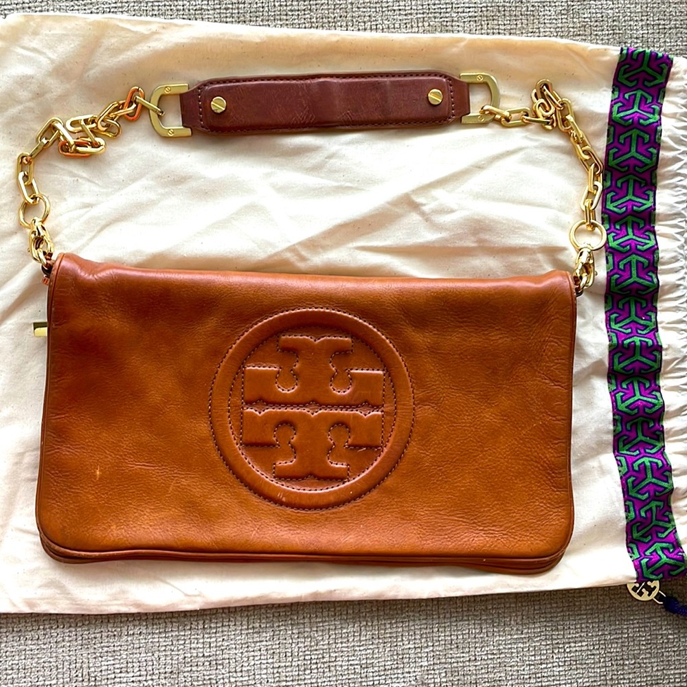 Tory Burch Bromberg Reva Tan/Brown/Cognac Leather Clutch
